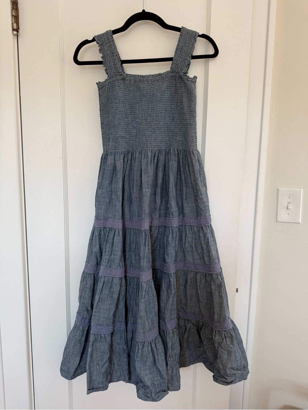 Lands' End Chambray Blue Smocked Tiered Sundress with Lavender Trim